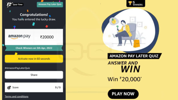 Amazon Pay Later Quiz Answers and Win Rs 20000