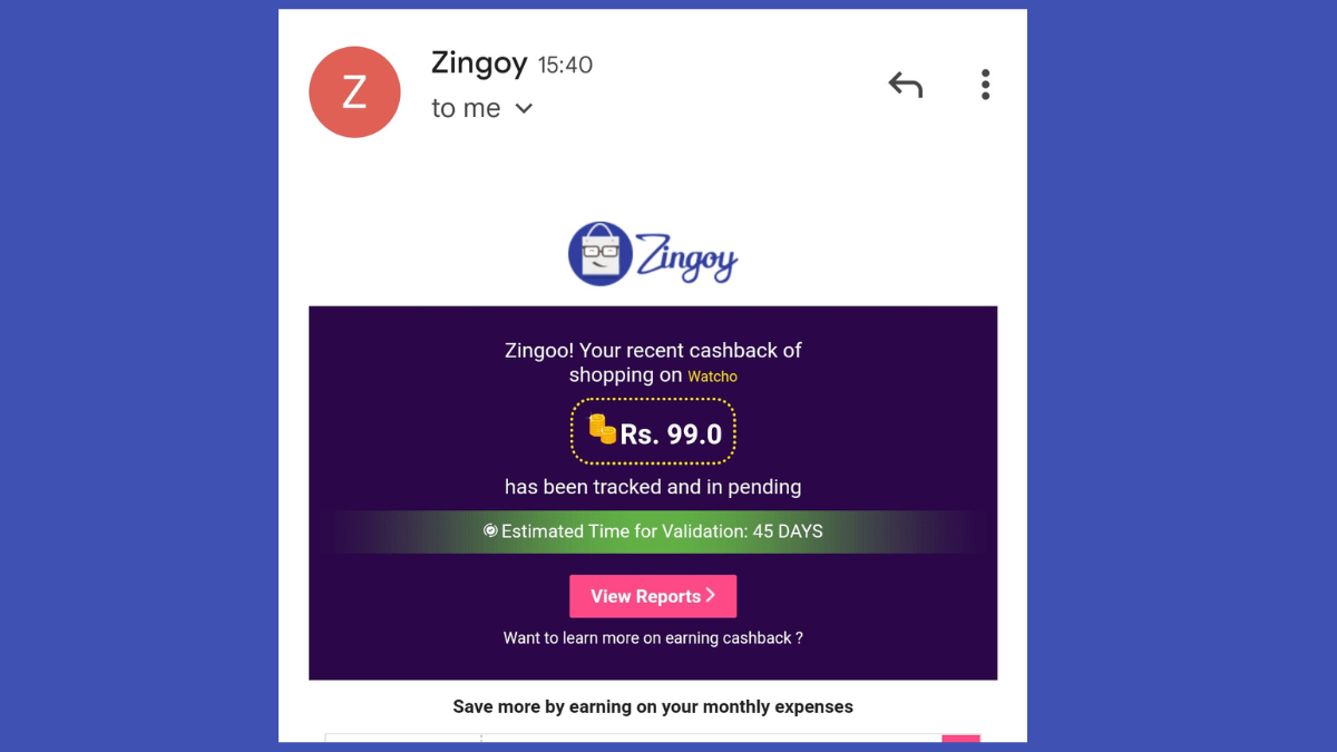Zingoy loot deal on purchasing OTT bundle subscription from Watcho - cashback tracked email