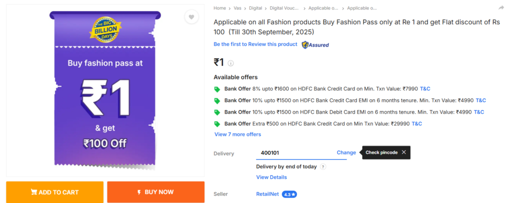 Flipkart Big Billion Days 2025 Offers Fashion Sale Pass at Rs.1 
