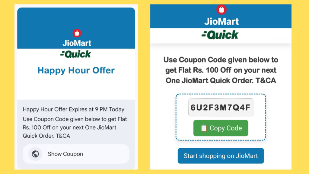 JioMart Happy Hour Timings, Generate JioMart ₹100 Coupon Code & Offer Details