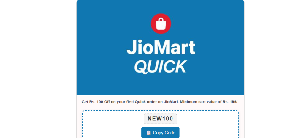 JioMart ₹100 OFF Coupon Code for First Order: JioMart Quick New User Coupon
