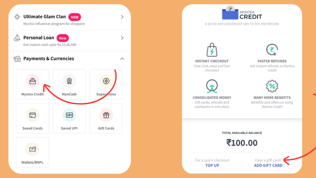 Click on “Myntra Credit” and select "Add Gift Card"