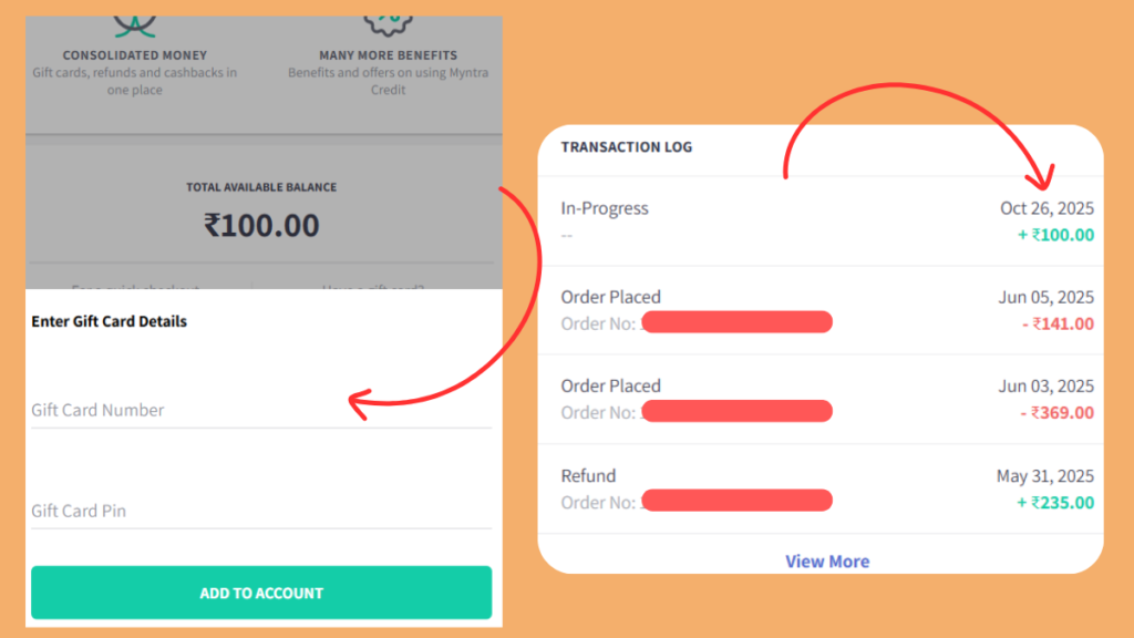 Here, enter your Myntra Gift Card Number and Pin. Click on “Add to Account” to redeem your Myntra Gift Card