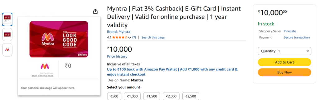 Use Amazon Pay to get Flat 3% Cashback on Myntra Gift Cards