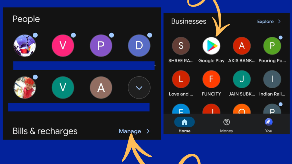 screenshot showing “Payment Categories” OR “Manage Bills” section in GPay to create redeem codes for Google Play